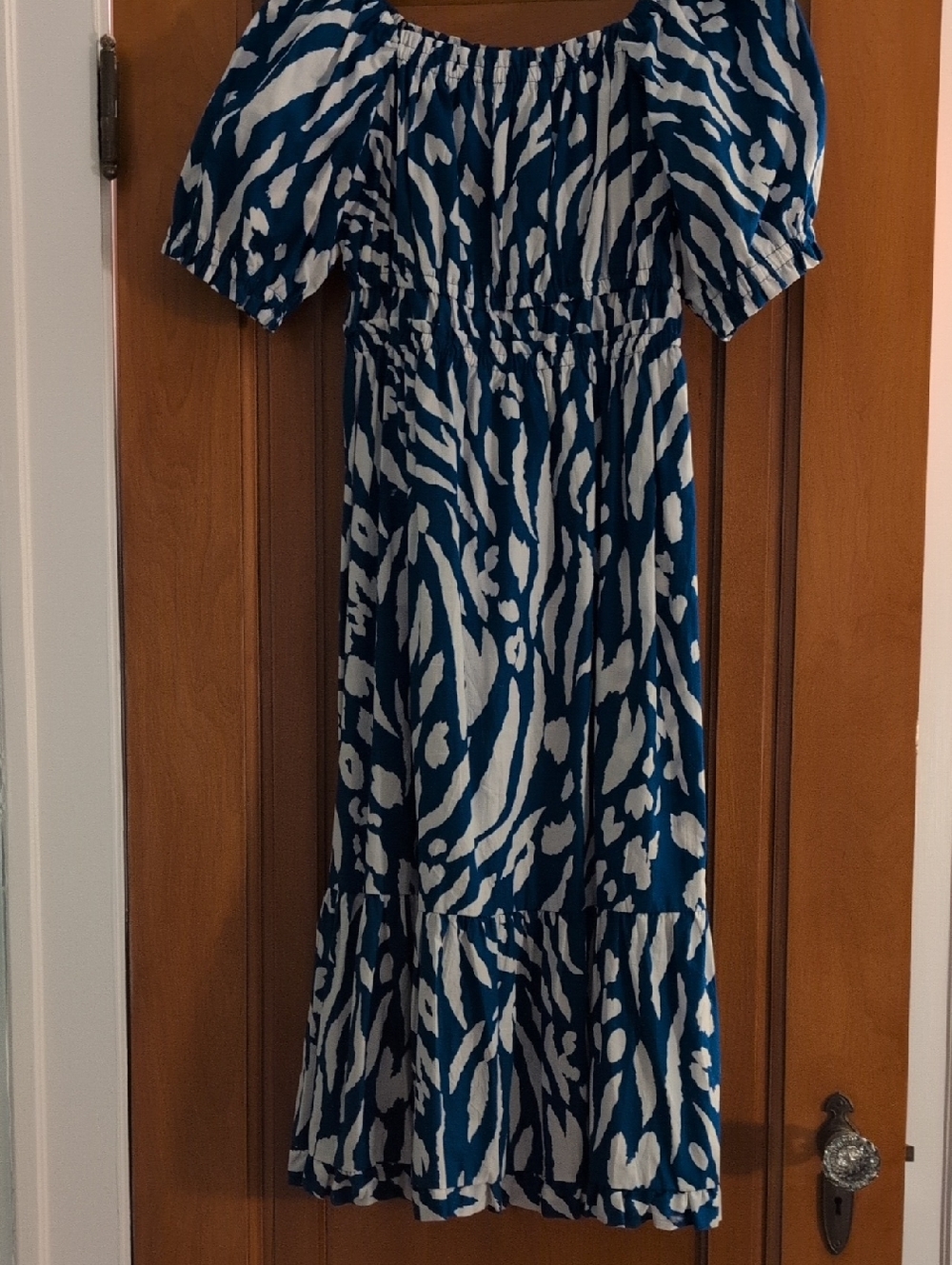 Blue and White Printed Midi Dress - Brand: